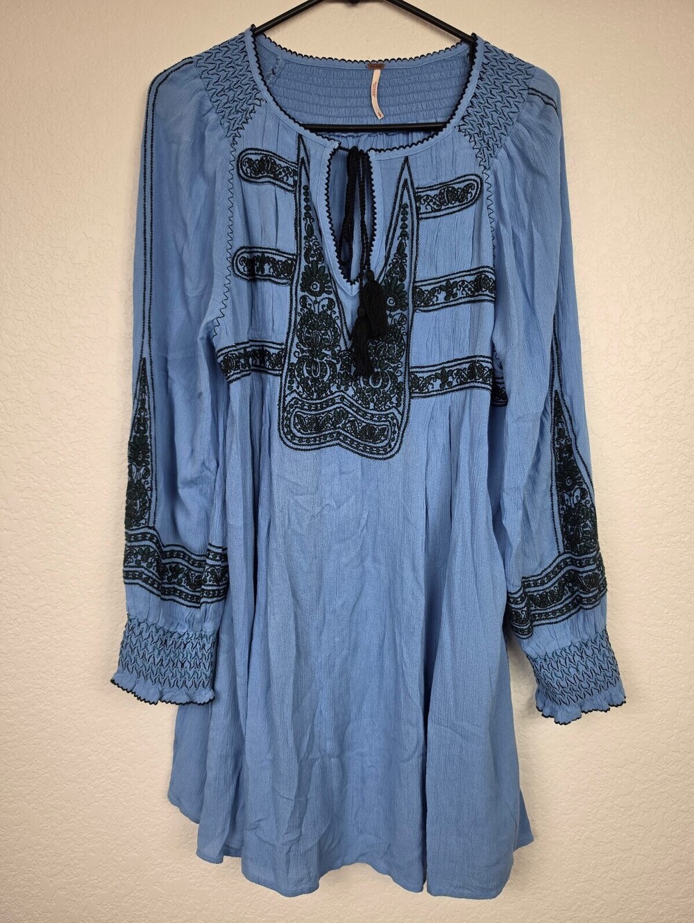 Free People Blue Embroidered Rayon Small Tunic Dress